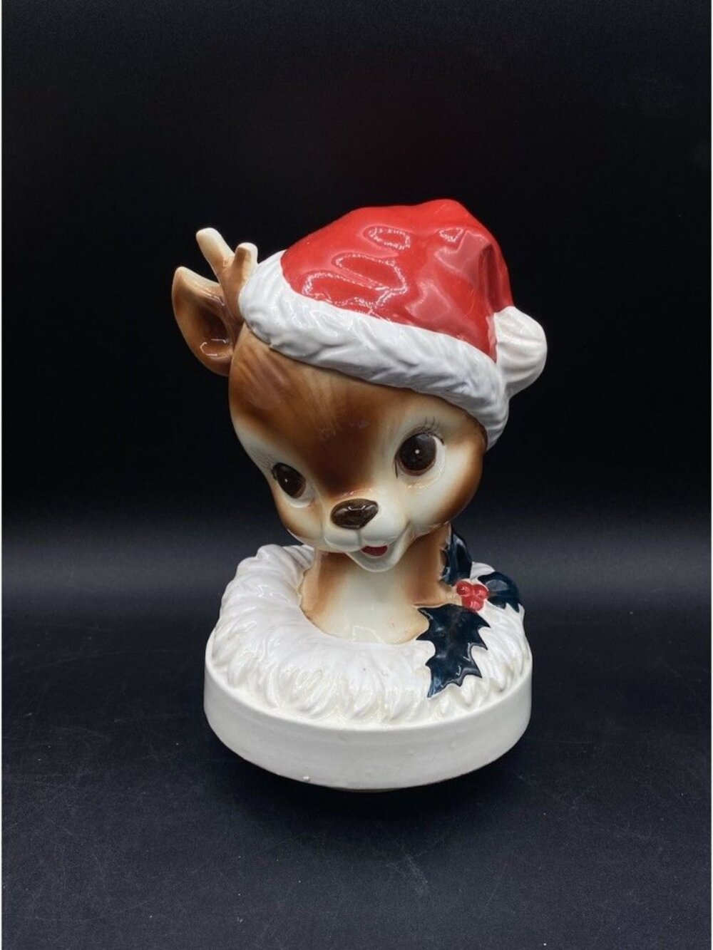 Berman & Anderson Christmas Reindeer Santa Hat Music Box Japan Plays Rudolph